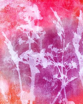 Modern abstract botanical. Flowers and plants in white, neon pink, red. by Dina Dankers