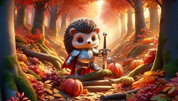 Brave chevalier hérisson dans la forêt magique d'automne sur artefacti
