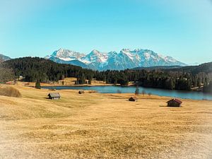 Frühlingszauber am Geroldsee – zarte Krokusblüten, ruhiges Wasser und beeindruckende Bergkulisse. Ein romantisches Alpenmotiv voller Farbe und Ruhe.