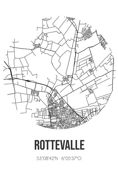 Rottevalle (Fryslan) | Map | Black and white by Prints of Place