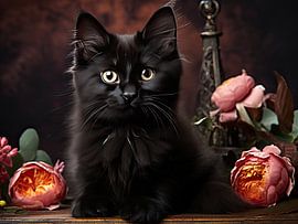 Schwarze Katze mit Blüten im warmen Licht von Erika Kaisersot