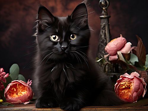 Zwarte kat met bloemen in warm licht