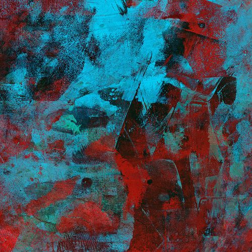 Abstract in donkerrood en turquoise blauw - Distressed look 3