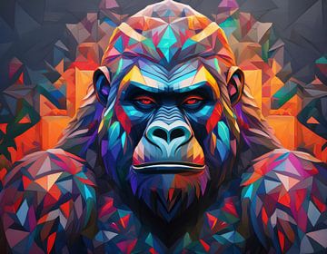 Gorilla in kleurrijk digitaal kunstwerk met polygon patroon van John van den Heuvel