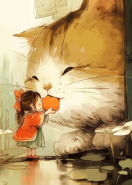Kleines Mädchen gibt Orange an große Katze 4 von MIROKKU