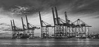 Grote container terminal bij zonsondergang met dramatische wolken