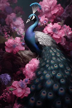 Blauer Pfau mit rosa Blumen von Danny van Eldik - Perfect Pixel Design