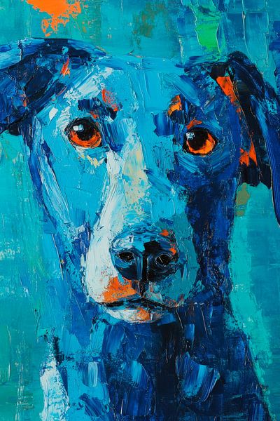 Lively dog in blue - artistic by Poster Art Shop