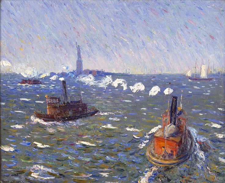 William James Glackens (American, 1870-1938)-Breezy Day, Tugboats, New York Harbor by finemasterpiece