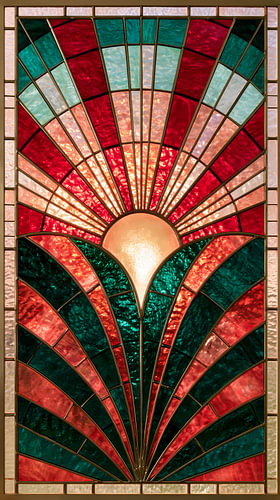 Wijnrood Art Deco Glas-in-Lood Schilderij: Avondgloed met Pauwenstaart