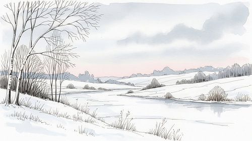 Winterlandschap met kale bomen en bevroren rivier, aquarel een