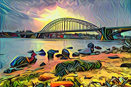 Abstracte kunst van Nijmegen - Panorama schilderij van de Waalbrug bij Nijmegen