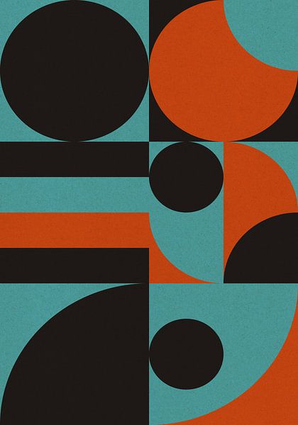 Retro 70er Jahre Wohnen. Abstrakte geometrische Kunst in gebranntem Orange, Schwarz und Hellblau. von Dina Dankers