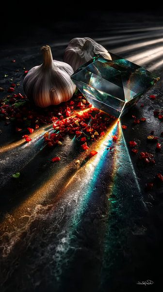 red peppers - garlic - lime - lemon on a black background with dramatic light by Gelissen Artworks