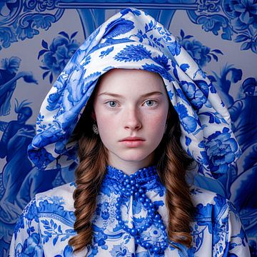 Portret van een meisje gekleed in Delfts Blauw van Vlindertuin Art