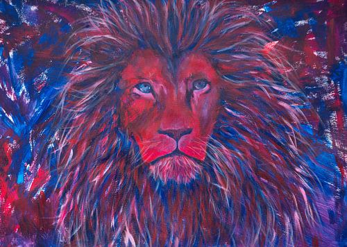 Lion in red and blue by Jente Bergman