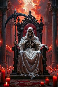 Dark Fantasy Wandbild: ALBIMORTIS - Ein weißer Sensenmann auf seinem Thron