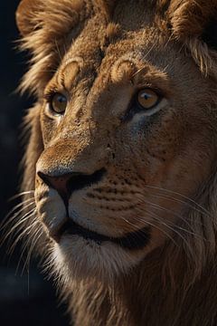 Close-up of lion with probing gaze by De Muurdecoratie