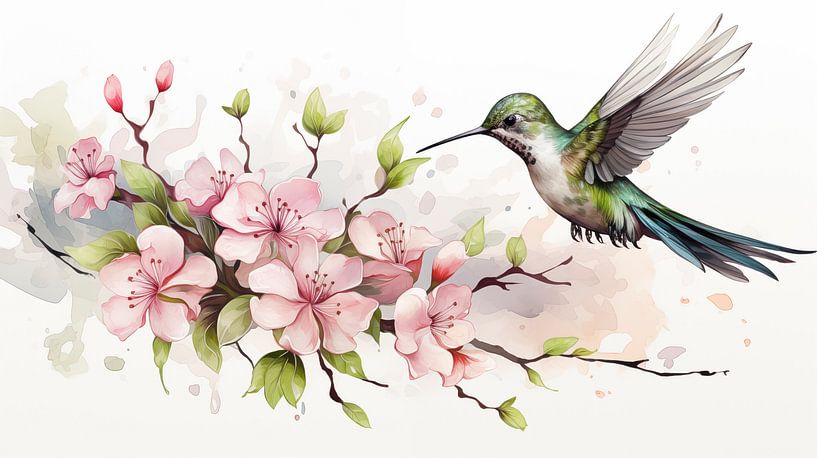 süße Kolibri-Zeichnung, Kolibri-Bleistiftzeichnung mit Blumen  im Vintage-Stil. von Animaflora PicsStock