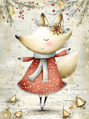Schneefuchs im roten Weihnachtskleid - Skurriler Winter-Kunstdruck