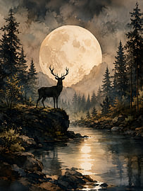 Hirsch im geheimnisvollen Wald im Vollmondlicht | Stimmungsvolle Aquarelllandschaft von DNArt Gallery's