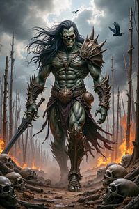 Dark Fantasy Wandbild: XERATHUL – Der Dämon der Verdammnis schreitet über ein Schlachtfeld aus Schädeln