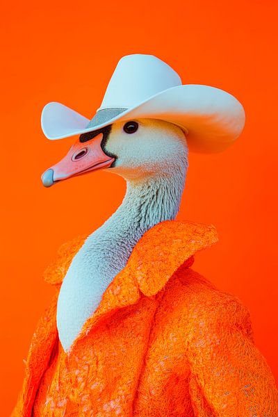 Küken im Cowboy-Look auf Orange von Poster Art Shop