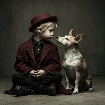 Junge mit Hund - Intimes Porträt der Freundschaft im dunklen Fine-Art-Stil von Karina Brouwer