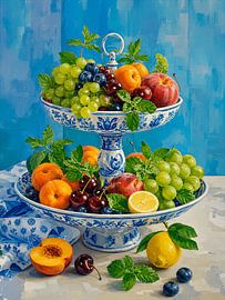 Delft Blue still life with summer fruit on a tiered dish by Studio Pieternel