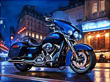 Blaue Harley nachts in Brüssel
