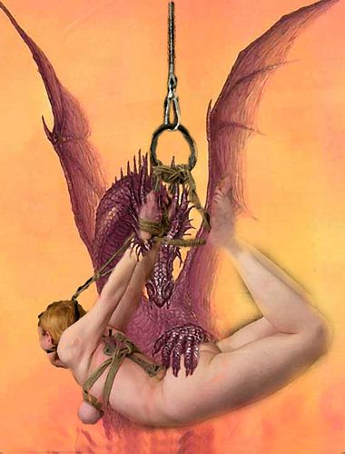 SM oriented work of a dragon with a naked tied woman