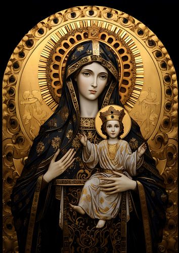Moeder Maria met Jezus, Art Deco stijl, zwart met goud