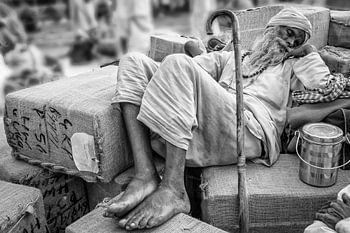 Sleeping vagrant at railway station in Haridwar,India
