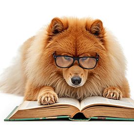 Dog with glasses reads a book by David Meyer