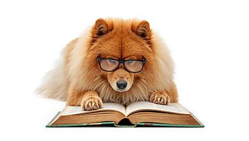 Hund mit Brille liest ein Buch