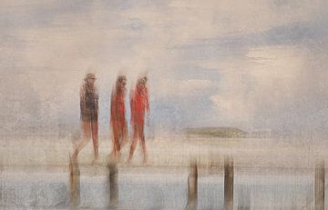 Een zomerse wandeling bij de zee met blauwe lucht en vrolijke wolken van Jan van der Linden