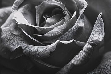 Elegante zwart-witte roos met gedetailleerde druppels van De Muurdecoratie