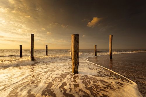 Palendorp Petten in de zee tijdens zonsondergang