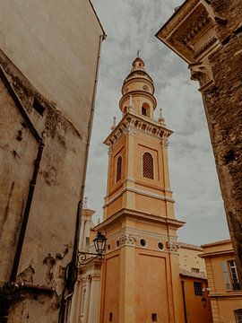 Church Bell Tower in the Old Town | Travel Photography Art Print in the Streets of Menton | Cote d’Azur, South of France van ByMinouque