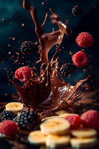 Chocolade splash met bessen en bananen