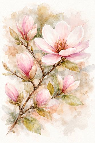 Magnolia branch with pink blossoms (AI) (spring, pastel, watercolour, soft colours, romantic)