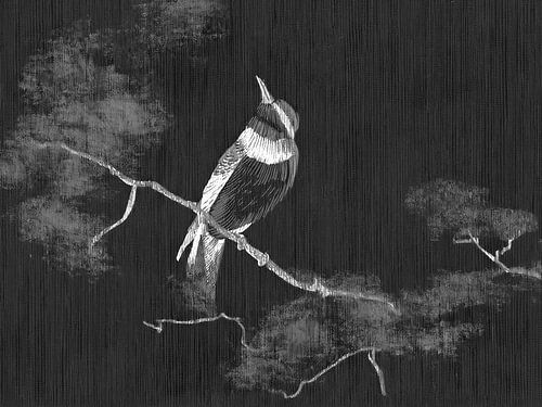 Elegante Japanse vogel op tak in Sumi-e Stijl - Antraciet/wit