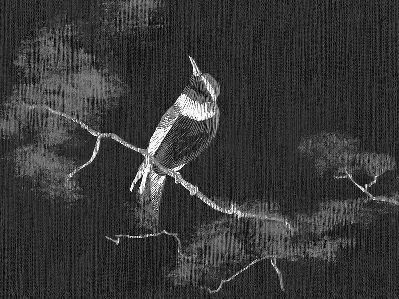Elegant Japanese bird on branch in Sumi-e Style - Anthracite/white by Studio Pieternel