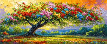Levensboom in het kleurenspel van de avondzon - een dromerig panoramisch landschap vol bloemen en levende natuur van AidasignArt