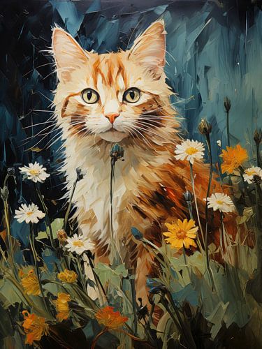 Rode kat met bloemen in moderne kunststijl