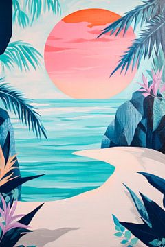 Coucher de soleil sur une plage bordée de palmiers sur Poster Art Shop