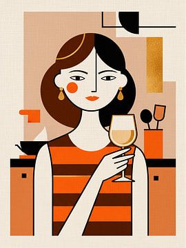 Kitchen Art: Graphic portrait of a woman with a wine glass in warm tones by STUDIO ARTSY