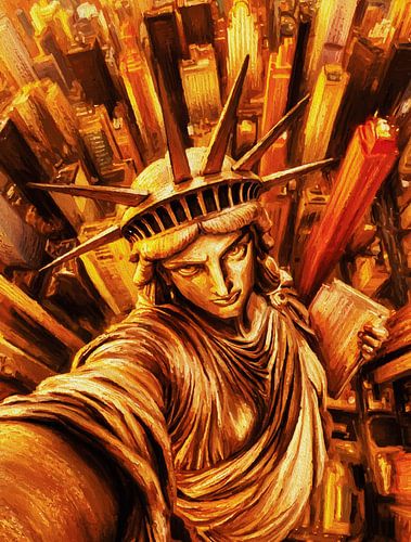 Olieverfschilderij van het Vrijheidsbeeld vanuit een selfieperspectief boven NYC