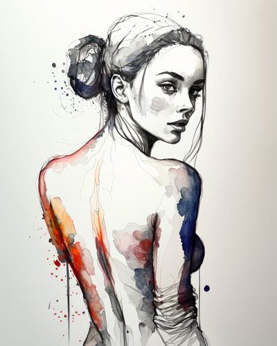 Subtiel vrouwelijk naakt, aquarel en inkt
