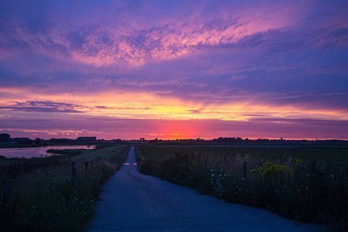 View over the polder landscape with sunset.